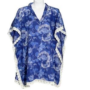 Pure Nordic Cotton House Dress Medium Beach Cover Kaftan Boho Blue Floral & Lace